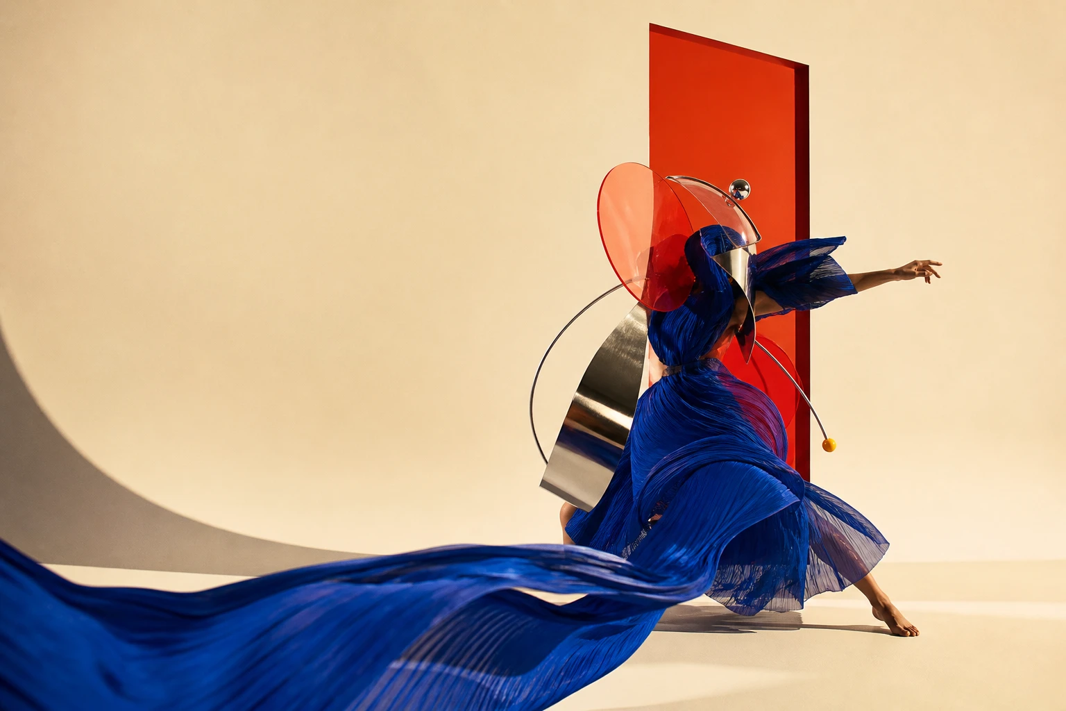 Sculptural dancer in cobalt fabric, chrome and red acrylic